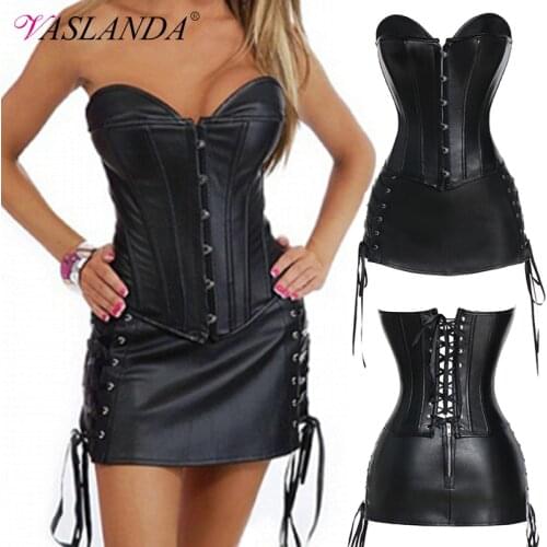 Women Bustiers & Corsets Faux Leather Overbust Corset Top with Skirt Sets Waist Training Corselet Dress Gothic Steampunk Costume