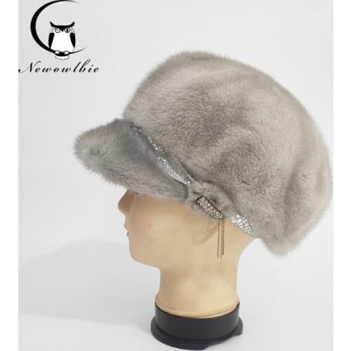 Fur Hat Winter Warm Natural Mink Fur Hats for Women Classic Luxury Caps Earflap Christmas Hat Thermal octagonal hat with brim