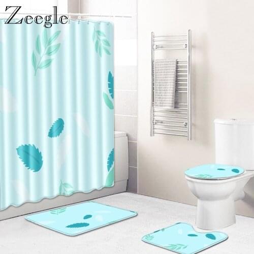 Zeegle Bath Mat Set Anti Slip Carpet Waterproof Shower Curtain with HooksToilet Cover Pedestal Mat Water Absorption Toilet Mat
