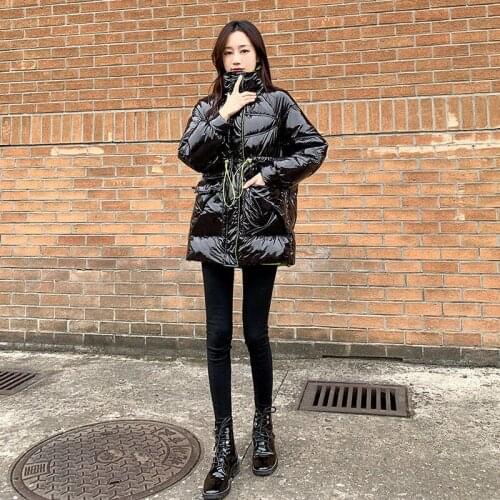 2021 Winter New Womens Stand Collar Loose Outwear Female Glossy White Duck Down Coats Ladies Long Solid Warm Down Jackets E585