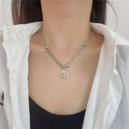 316L Stainless Steel New Fashion Fine Jewelry Hipster Youthful Smiley Face Lucky Star Choker Necklaces & Pendants For Women