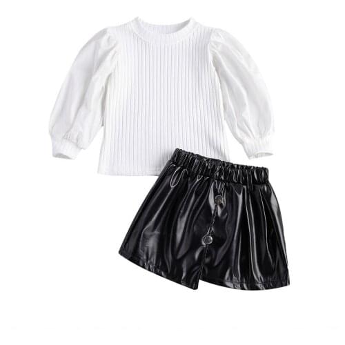 1-6Y Toddler Kids Baby Girl Puff Long Sleeve White T-shirt Tops PU Leather Mini Skirt 2PCS Fashion Children Girls Clothing Set