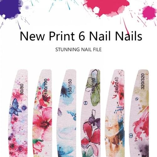 25Pcs/lot 80/100/150/180/240/320 Grit washable Nail file semilune banana shape nail sanding buffer flower printed file set