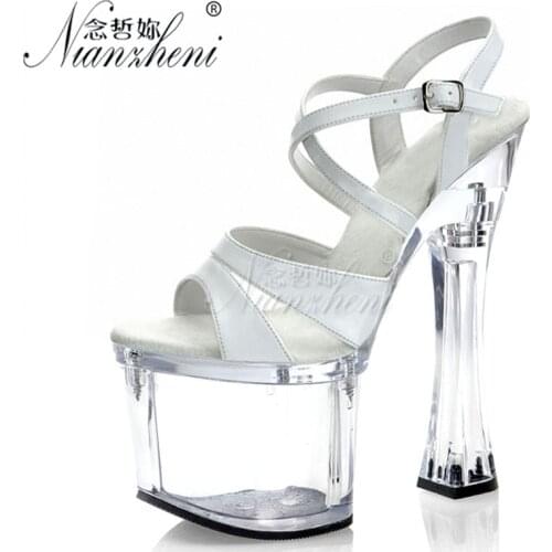 All match 18CM Open Toe Coarse heel Concise Hollow Patent leather Stage Show Props Small Size 7 inches Super High heeled shoes