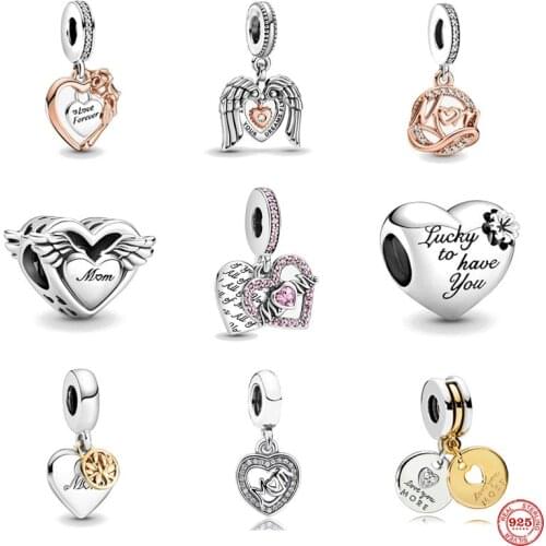 Authentic 925 Sterling Silver Beads HEART & MUM Two-tone Family Tree DANGLE Charm Fit Original Pandora Bracelet DIY Jewelry