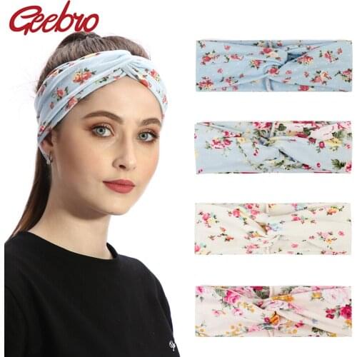 Geebro Fashion Retro Women Twist Cross Knot Flora Print Bohemian Headband Elastic Wrap Turban Bandana Flower Hair Accessories