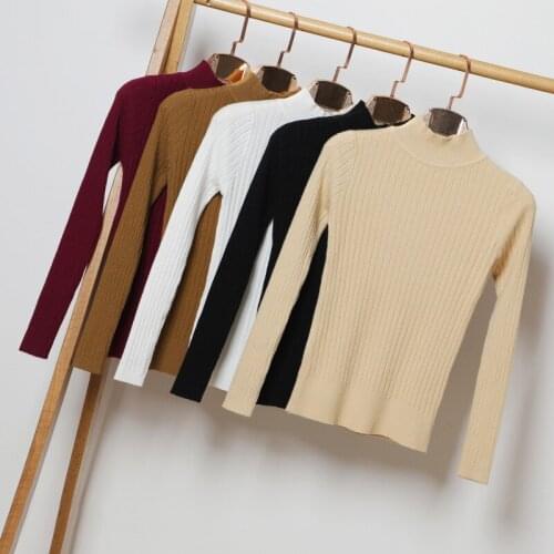 Queechalle Women Sweater Pullover Autumn Winter Essential Basic Knitted Cotton Tops Solid Turtleneck Long Sleeve Slim Sweaters