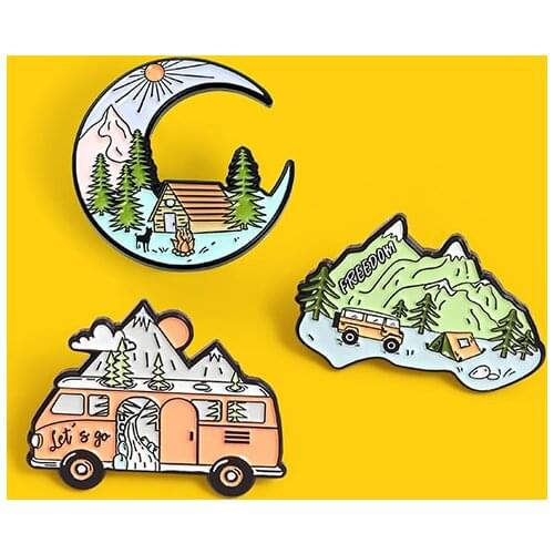 Take The Bus To Travel Enamel Pin Mountain The Scenery Of The Journey Brooches Lapel Pins Explorer Badge Jewelry Gifts Wholesale
