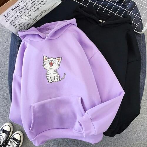 Womens Sweatshirt with Hoody Autumn Winner Casual Cat Print Hoodie Long Sleeve Graphic Hoodies Pullover Top Female Streetwear