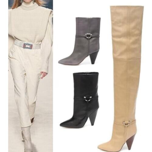 Moraima Snc Fashion Spike Heels Woman Boots Pointed Toe Runway Riding Shoes Over the Knee High Heel Boots Black Nude White