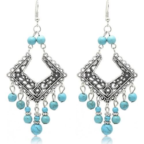 Antique Silver Plated Alloy with Green Turquoises Stone Round Beads Drop Earrings for Women Charm Jewelry