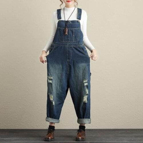 Womens denim bib overalls Hip-Hop hole ripped Wide leg pants Oversized jean Jumpsuit Low Drop Crotch Suspender Trousers G11172