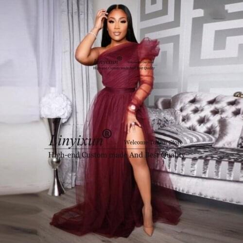 Burgundy Prom Gowns Tulle abiye One Shoulder High Slit Evening Dress Sleeve Vestido Longo robe de soiree Prom Dresses