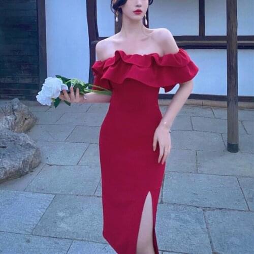 Bodycon Beach Vintage Elegant Dress Women Backless France Evening Party Midi Dress Red Korean Sexy Boho Split Dress Summer 2021