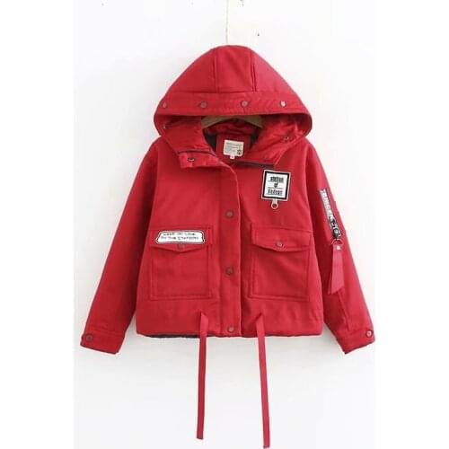 Winter short style show thin girl add thick loose tooling cotton-padded coats schoolgirl hooded zipper Padded keep warm coat