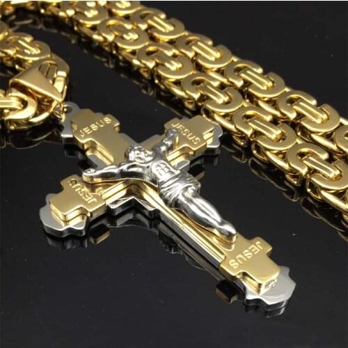 1pcs Exquisite Crucifix Jesus Cross Necklace Stainless Steel Christs Pendant Gold Byzantine Chain Men Necklaces Jewelry Gifts 24