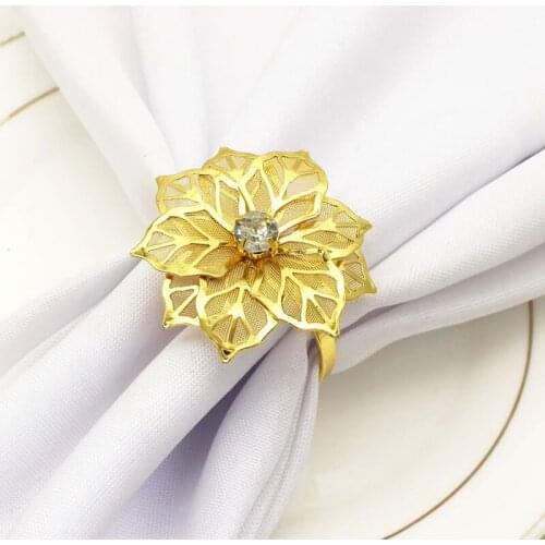 12pcs/lot Golden mesh flower napkin ring diamond metal napkin ring wedding hotel tableware napkin buckle desktop decoration
