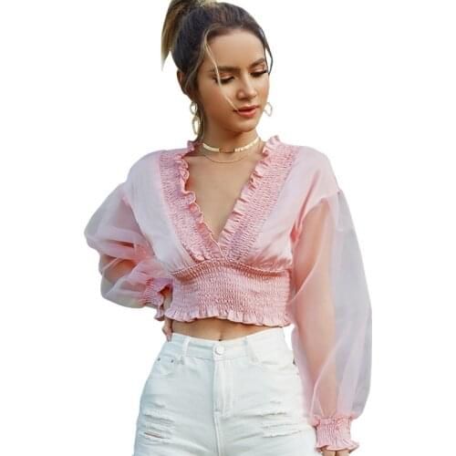 2021 Summer Fashion Trend New Sweet Hot Wind Girl Lantern Sleeve Top Sexy Low-Cut Navel Ear Edge Short Style Chiffon Blouse