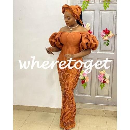 2021 Off Shoulder Aso Ebi Style African Women Prom Dresse Robe De Soiree Custom Made Orange Lace Formal Evening Occasion Gowns