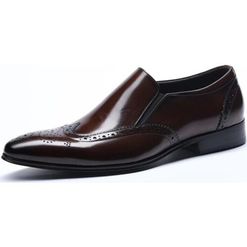 Slip On Genuine Leather Men Brogue Business Wedding Banquet Shoe Black Burgundy Casual Flat Vintage Handmade Oxford Shoes
