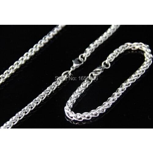 One set Fashion Stainless steel wheat braid Link chain Necklace + Bracelet For Women Men 4mm wide