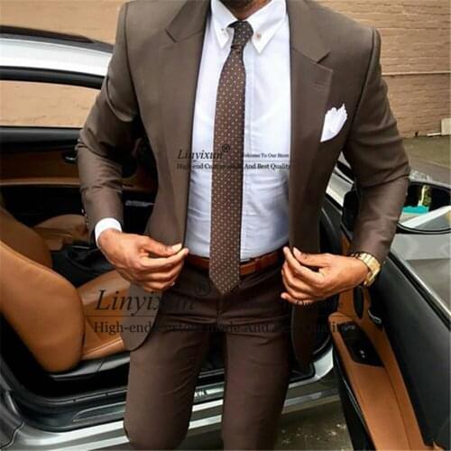 Elegant Brown Mens Suit Slim Fit 2 Piece Jacket Pants sets For Business Blazer Groom Wear Suit Terno Masculino Costume Homme