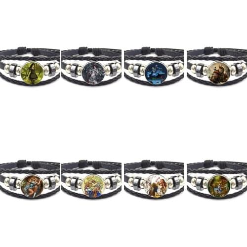 EJ Glaze Steampunk Alice Vintage Glass Cabochon Jewelry With Black Leather Bracelet Bangle For Women Party