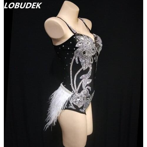 Nightclub Bar DJ Women Dancer Singer Stage Silver Rhinestones Black Bodysuit Club Party Show Performance Sexy Dance Costume