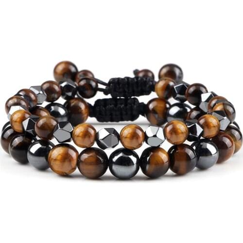 Hot Sale 2Pcs/Set Natural Stone Bracelets Hematite Tiger Eye Beads Healing Men Women Braided Bracelet For Couple Jewelry Pulsera