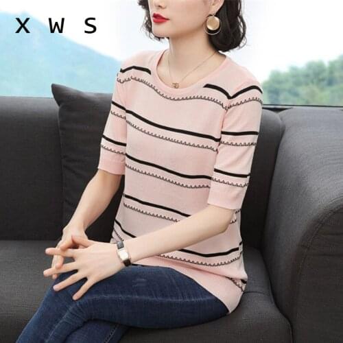 Fashion Women Pullover Sweater 2020 summer short Sleeve Pullovers casual Decorate Striped Knitted Sweaters Female Tops