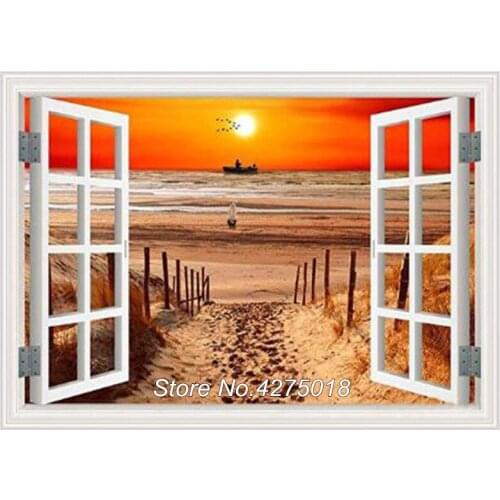 DIY Diamond Painting window sunset seascape Cross Stitch 5D Needleworks Full square/round Embroidery Mosaic Handicraft YG570