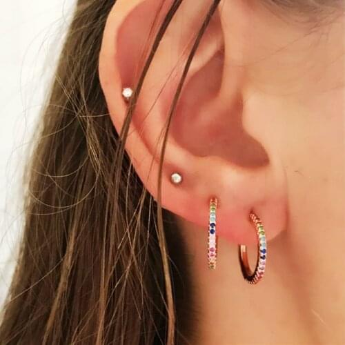 2021 New Stud Micro Pave Cz Circle Earrings With Blue Red Stone Mix Rainbow CZ Rose Gold Stud Earring Girl Earring Women Jewelry