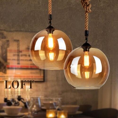 Vintage Amber Glass Ball Hemp rope Pendant Lights Loft retro Industrial E27 lamp for Dining room Living Room Cafe Bar lamp