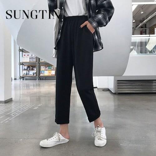 Sungtin Straight Office Lady Pants Women Loose Casual High Waist Black Pants Female Elastic Waist Suit Ankle Length Pants OL
