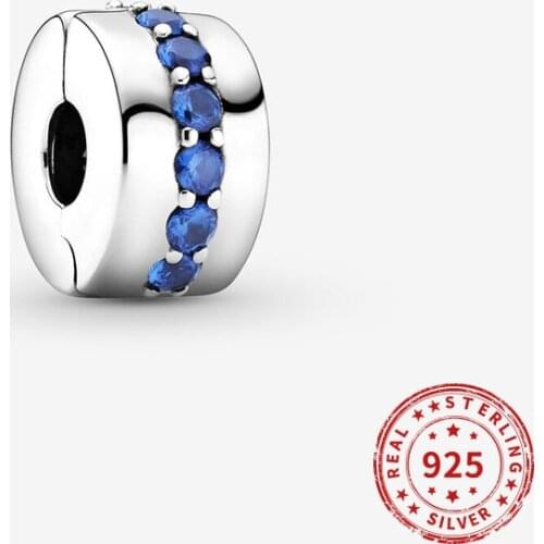 Real 925 Sterling Silver bead Blue Sparkle Clip Pink Crystal Beads for Women Fit Pandora Bracelets Bangles DIy Jewelry