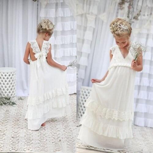 Romantic 2020 New Arrival Boho Flower Girl Dresses for Wedding Cheap V Neck Chiffon Lace Tiered Formal Kids Wedding Dress Custom