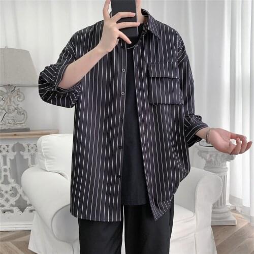 Men Striped Shirts Pocket Decor Streetwear Casual 2021 Black Oversized Shirts White Harajuku Short Sleeve Blouse Shirt For Men