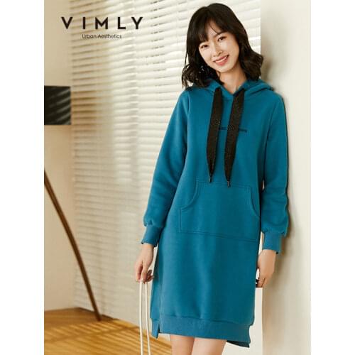 Vimly Womens Sweatshirt Dress Elegant Hooded Letter Print Pocket Loose Thick Warm Pullover Dresses Female F3000
