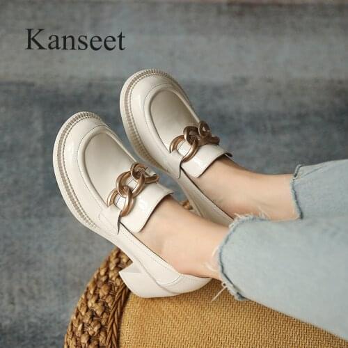 Kanseet Round Toe Thick High Heels Genuine Leather Shoes 2021 Autumn New Womens Pumps Metal Decoration Party Loafers Size 40