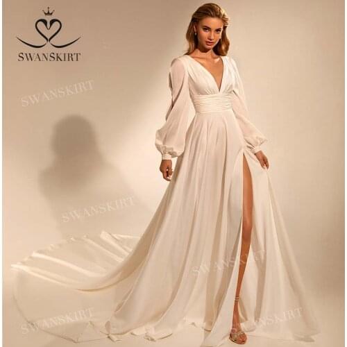 Vintage V-neck Wedding Dress 2021 Elegant Long Sleeve A-Line Court Train Bridal Gown Princess SwanSarah W111 Vestido De Novia