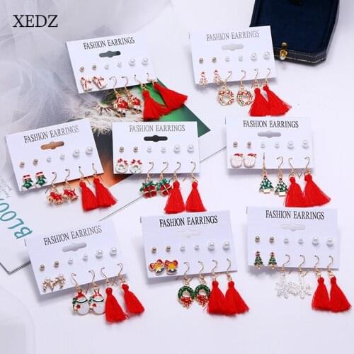 XEDZ Christmas pearl socks/bell/Christmas tree/candy/Santa Claus/bow/snowflake six-piece earring set holiday gift