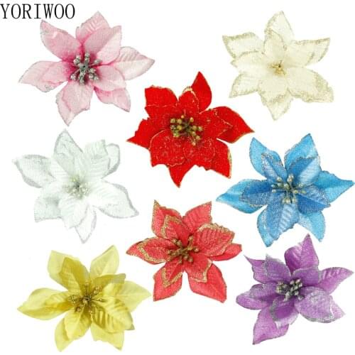YORIWOO Xmas Artificial Flowers For Decoration Glitter Poinsettia Fake Flowers DIY Home Wedding Decoration Flower Head Christmas