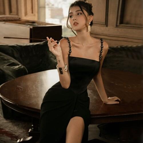 Women Summer Black Sexy Sleeveless Metal Beading Spaghetti Strap Runway Bandage Party Club Dress