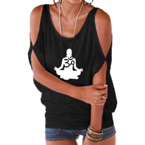 Summer New Om Aum Silhouette print Women T-shirts tee shirt femme Fashion Sexy Off Shoulder Batwing Lace up Tops