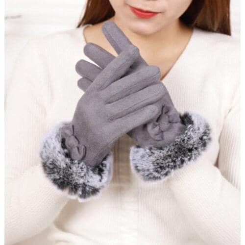 Ladies Autumn and Winter Suede Gloves Warm Touch Screen Cotton Faux Rabbit Fur Mouth Plus Velvet Thick Cute Riding Gloves