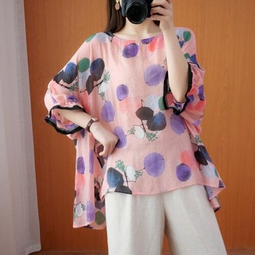 Oversized Women Cotton Linen Casual T-shirts New 2021 Summer O-neck Vintage Print Loose Comfortable Female Tops Tees B427