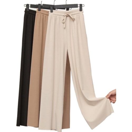 2021 Autumn Spring New Casual Straight Pants Women Female Drawstring Loose Knitted Wide Leg Pants Long Casual Trousers
