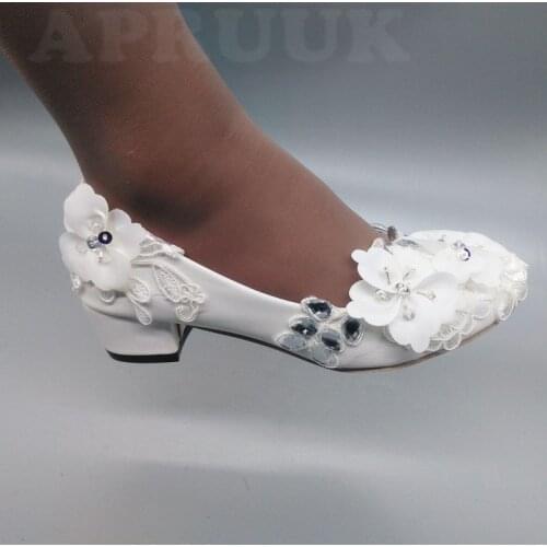 4CM middle block chunky heel white wedding shoes woman flower silver crystal rhinestones bridal party shoe