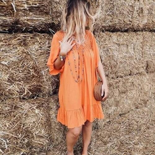 Women Round Collar Solid Color Ruffle Dress Breathable for Summer Beach Party -MX8