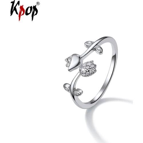 Kpop 925 Sterling Silver Ring Wedding Bridal Jewelry Open Adjustable Cubic Zirconia Rose Flower Band Ring for Women R6319